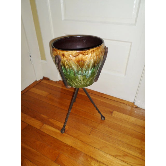 Dark Green Antique Roseville Arts and Craft Pottery Planter in Cast Iron Tripod Stand For Sale - Image 8 of 10