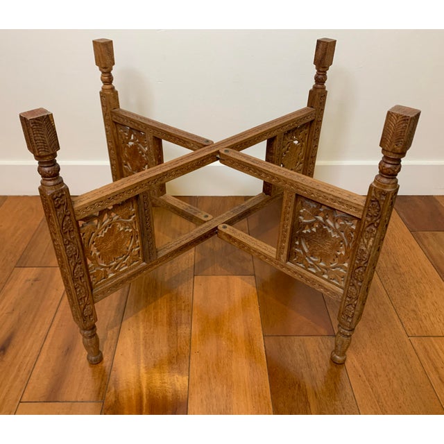 Middle Eastern Hand Engraved Brass Tray With Teak Folding Table Base For Sale - Image 12 of 12