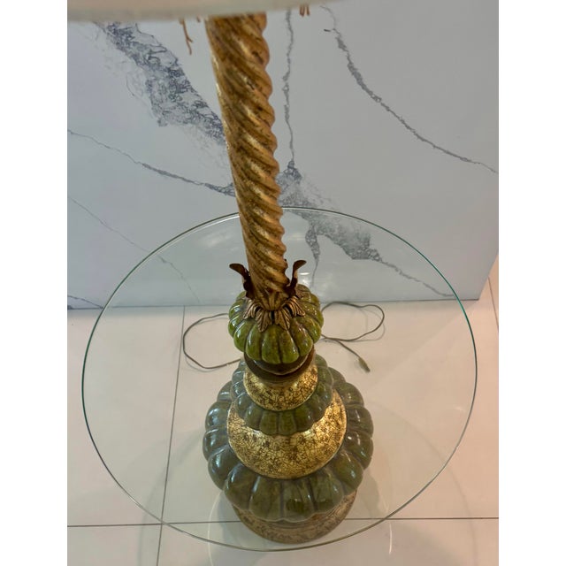 Vintage Stiffel Green Enamel Brass Floor Lamp With Glass Table For Sale - Image 4 of 6