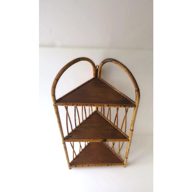 Wicker Bamboo Corner Wall or Floor Shelf Étagère For Sale - Image 9 of 17
