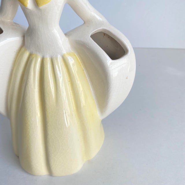 California Pottery Vintage Southern Belle Lady Double Vase 1940s Matie Weil Ware California Pottery Yellow Dress For Sale - Image 4 of 10