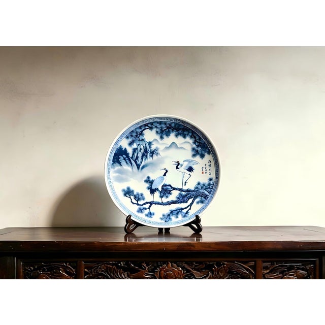 Art Deco Chinese Ceramic Plate,Blue and White Porcelain Plate Hand Painted Cranes and Pine Pattern For Sale - Image 3 of 10