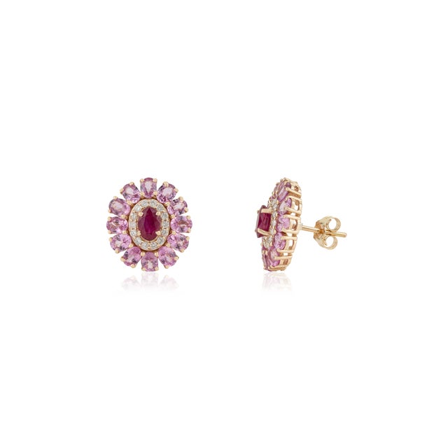 6.55ct Ruby Pink Sapphire & Diamond Cluster Victorian Stud Earrings in 14k Gold- A Pair For Sale - Image 4 of 14