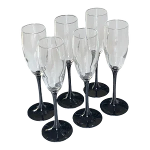 1960s French Cristal d'Arques "Domino" Onyx-Stemmed Champagne Flutes- Set of 6