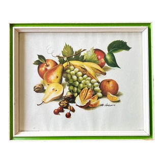 Vintage Mid Century Framed Fruit Print With Green Frame R. F. Harnett For Sale