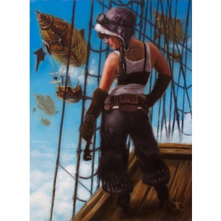 Holiday Pay by John Lally | Oil Painting of a woman on a ship with flying fish and airships For Sale