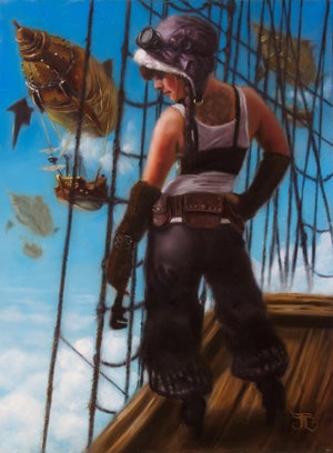 Holiday Pay by John Lally | Oil Painting of a woman on a ship with flying fish and airships