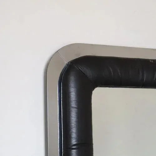 Rectangular Mirror with Black Leather Frame, 1970s For Sale - Image 6 of 9