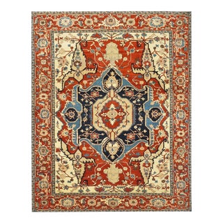 Persian Serapi Recreation Wool 8x11 Rust, Ivory, & Blue Handmade Area Rug #1141242 For Sale