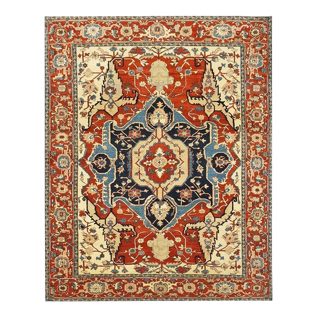 Persian Serapi Recreation Wool 8x11 Rust, Ivory, & Blue Handmade Area Rug #1141242 For Sale