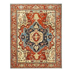 Persian Serapi Recreation Wool 8x11 Rust, Ivory, & Blue Handmade Area Rug #1141242