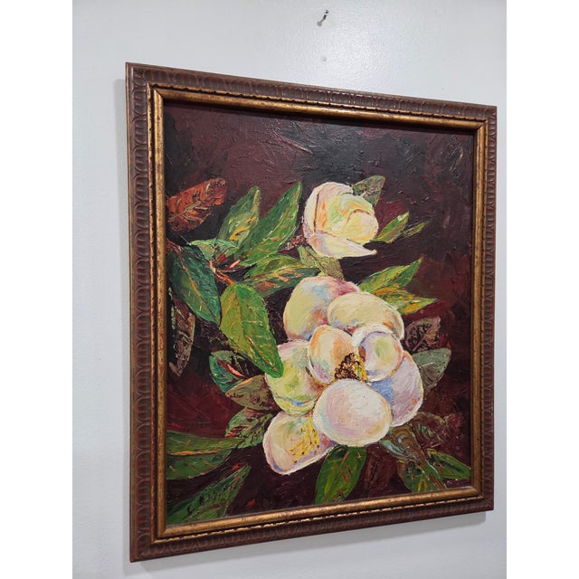 This framed impressionist floral magnolia still life oil painting on board features a beautiful depiction of nature and...