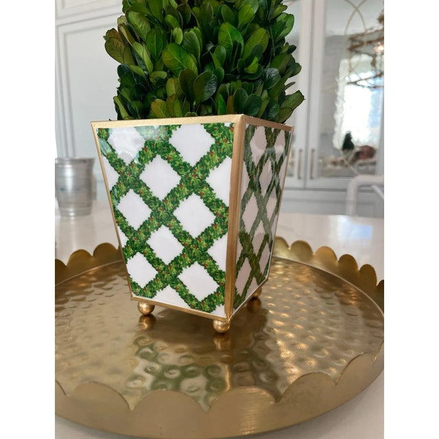 Transitional Boxwood Trellis Enameled Square Cachepot For Sale - Image 3 of 7