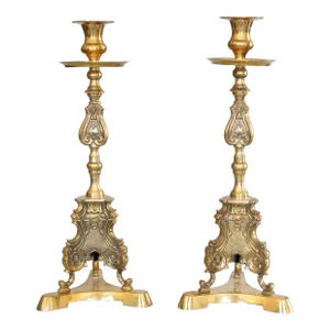 Antique French Brass Altar Candlesticks - a Pair