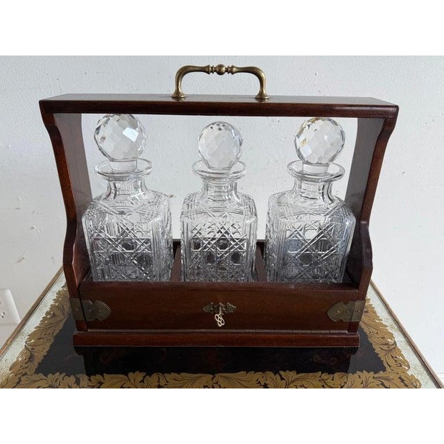 Wood Victorian Tantalus Decanter Set: Crystal, Oak & Brass Hardware For Sale - Image 7 of 18