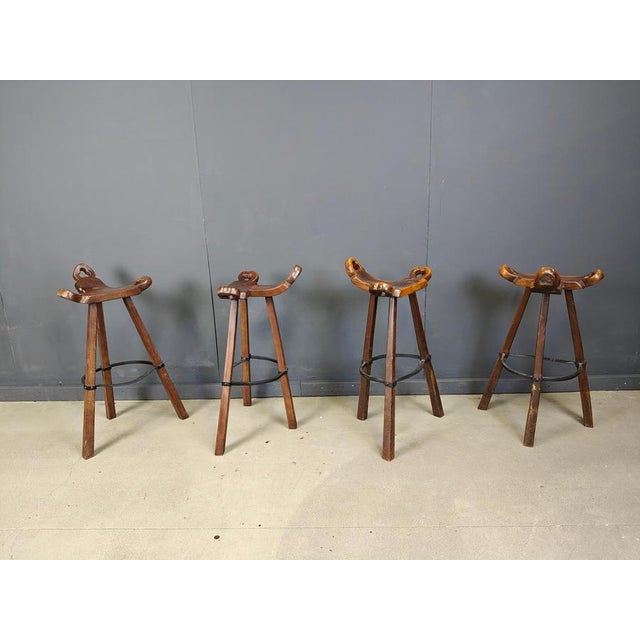 Wood Mid-Century Brutalist Bar Stools, 1960s, Set of 8 For Sale - Image 7 of 15