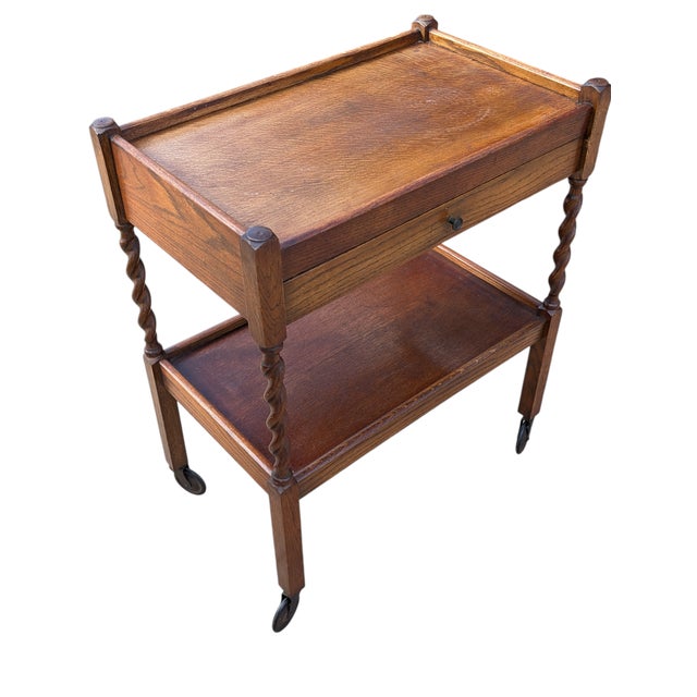 Antique Edwardian Oak Barley Twist Tea Cart For Sale - Image 4 of 6