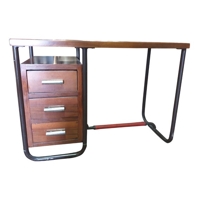 Mid-Century Modern Industrial Desk with Black Metal Frame and Wooden Drawers, 1960s For Sale