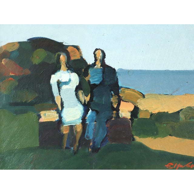 Mid-Century Modern 'Seaside Bench' Mini Abstract Figurative Landscape Oil Painting by Swedish Artist Eric Elfvén (1921–2008), Framed For Sale - Image 9 of 10