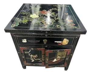 1980s Hand-Painted Asian Lacquer Cabinet With Glass Top