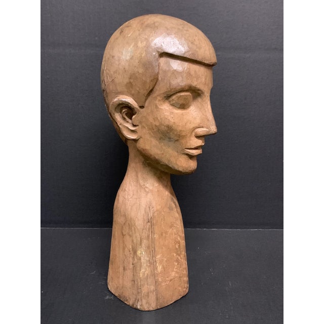 Figurative Vintage Late 20th Century Carved Wood Paper Mache Male Bust Sculpture For Sale - Image 3 of 9