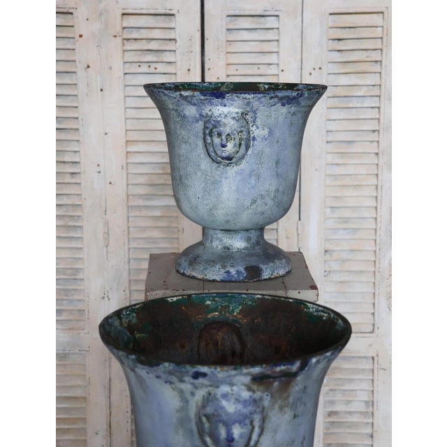 Blue Antique French Cast Iron Garden Urns by Paris and Cie, 1890s, Set of 2 For Sale - Image 8 of 10