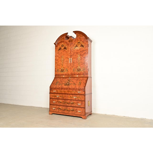 English Baker Furniture Style Georgian Burl Wood Inlaid and Hand Painted Drop Front Secretary Desk With Bookcase Hutch Top For Sale - Image 3 of 15