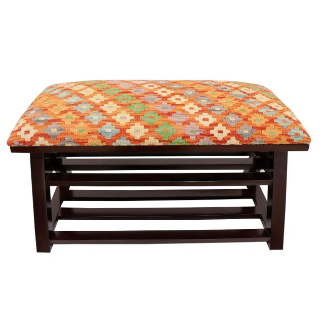 Geometric Kilim Upholstered Handmade Wood Storage Bench For Sale - Image 9 of 11