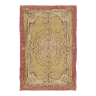 Vintage Distressed Rug in Gold and Rose With Floral Cartouches - Rug & Kilim For Sale