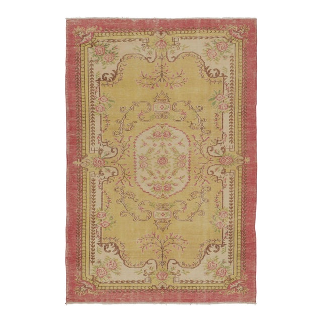 Vintage Distressed Rug in Gold and Rose With Floral Cartouches - Rug & Kilim For Sale
