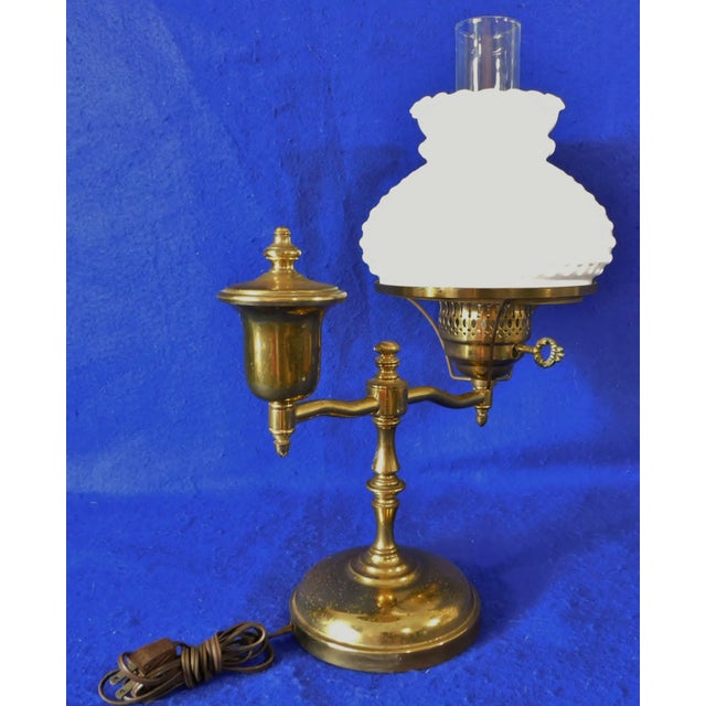 Vintage Mid Century Brass White Hobnail Milk Glass Students Desk Lamp For Sale - Image 9 of 13