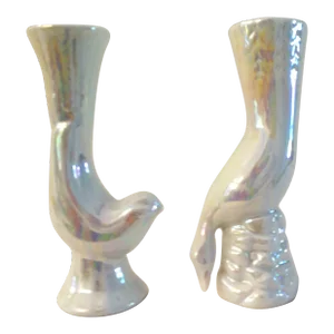 Mid-Century White Lusterware Porcelain Duck & Sparrow Vases, a Pair
