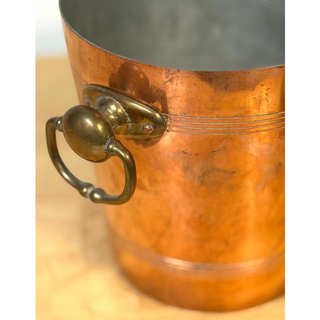 Vintage French Copper & Brass Champagne Bucket Stamped “Made in France” 10 in. W (handle to handle) x 8 in. diameter x 8...