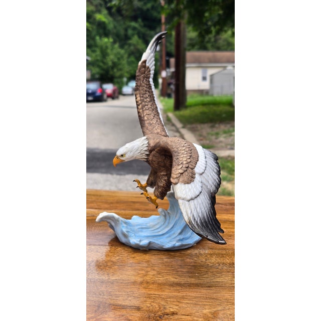 American Large Limited Edition Hand-Painted Bald Eagle Sculpture in Flight With Wave Base For Sale - Image 3 of 12