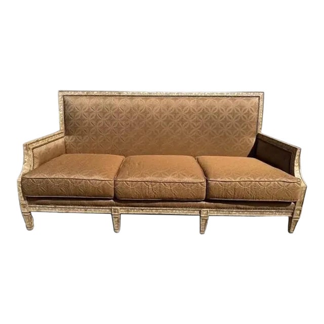 Vintage Wesley Hall Distressed Painted Sofa With Exposed Cross-Back Frame For Sale