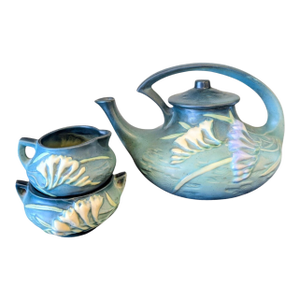 1940's Roseville Pottery Teaset, Green Freesia, Mint Condition - Set of 3