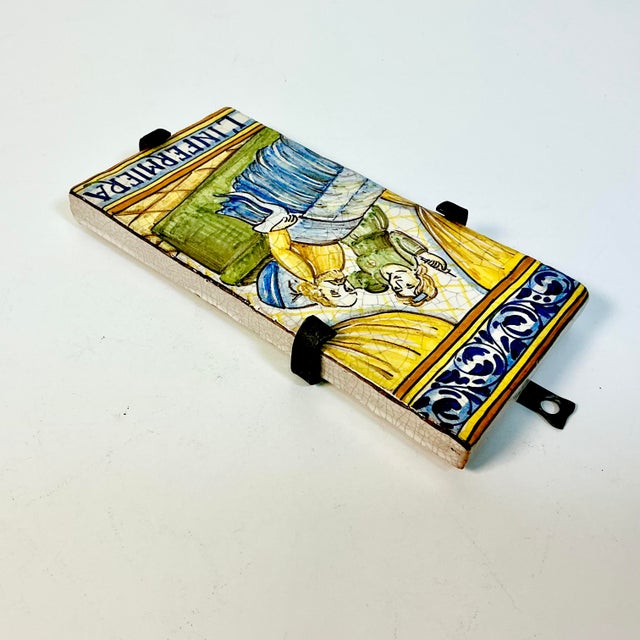 Vintage Rustic European Mediterranean Italian Castillo Tin-Glazed Majolica Hand-Painted Tile, Iron Bracket For Sale - Image 11 of 13