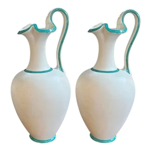 Pair of Early 20th Century Mold-Blown Numbered Oinochoe Wine Pitchers With Green Trim and Decoration in Relief