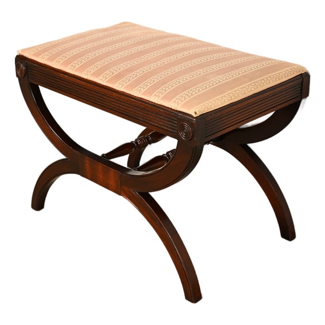 Kindel Furniture Regency Carved Mahogany Curule Vanity Bench or Stool For Sale