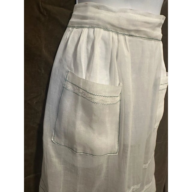 1930s Vintage 1930s Sheer Cotton Apron w/ Lace Inserts & Aqua Zig-Zag Stitching Handmade For Sale - Image 5 of 8