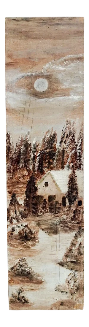 Folk Art Winter Landscape Long Format Painting