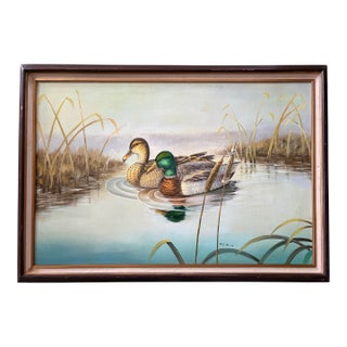 Mid Century Original Americana Framed Duck Mallard Painting For Sale