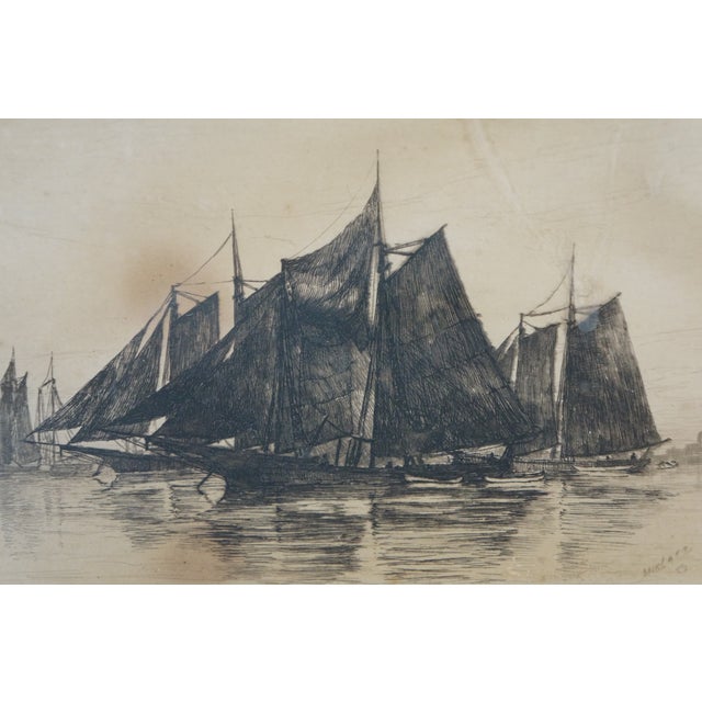 Wood Antique 1889 Charles Mielatz Nautical Sail Boats Drying Their Wings Etching 19", Framed For Sale - Image 7 of 11