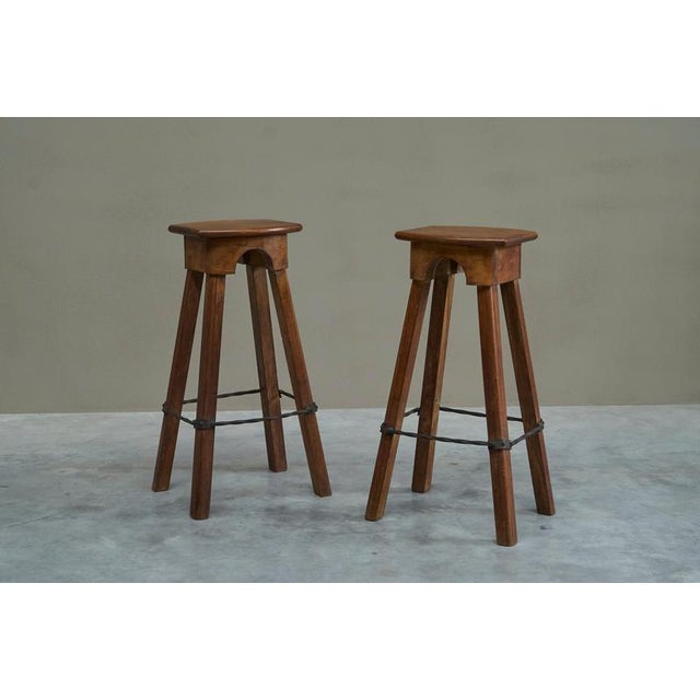 Wood Mid-Century Bar Stools in Oak and Wrought Iron, 1940s, Set of 2 For Sale - Image 7 of 11