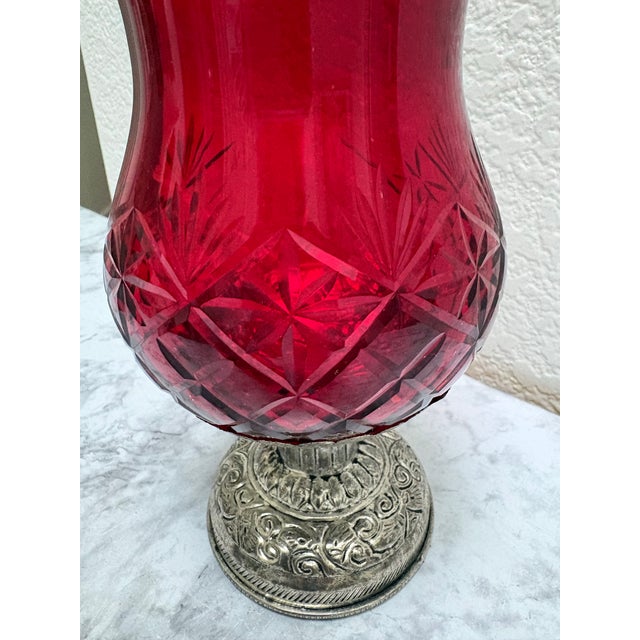 Cabin Vintage Red Cut Glass Candle Vessel Lantern or Vase For Sale - Image 3 of 9