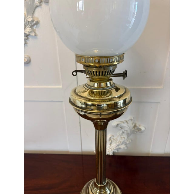 Metal Antique Edwardian English Brass Oil Lamp with Opaline Shade, 1900 For Sale - Image 7 of 11