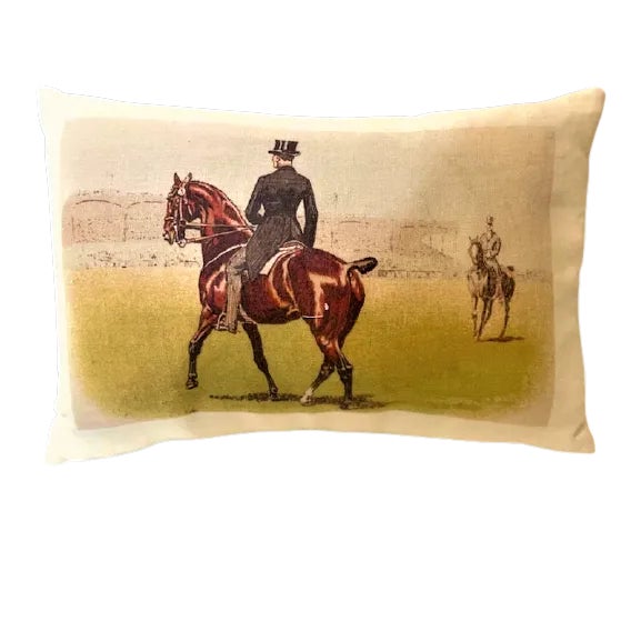 English Printed Dressage Lumbar Linen Pillow For Sale - Image 3 of 3