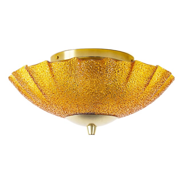 Vintage Brass and Amber Glass Ceiling Light or Flush Mount, Germany, 1970s For Sale