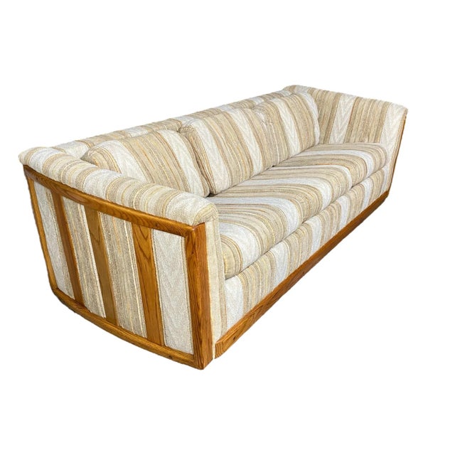 Unique oak wood frame 80s mod sofa. The Herculon fabric is original and offers a three dimensional effect to the look, as...
