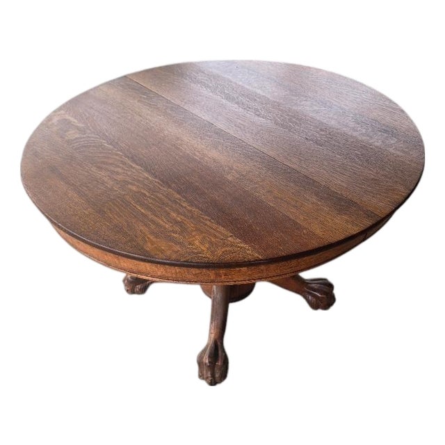 Antique Quarter Sawn Oak Round Pedestal Dining Table With Claw Feet For Sale